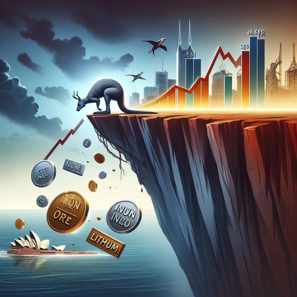 DALL·E 2024-02-27 07.32.12 – A dramatic illustration capturing the essence of Australia’s economy on the verge of a significant downturn due to the collapse of iron ore, nickel, a